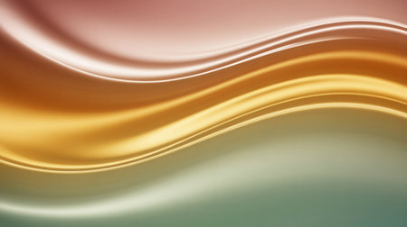 Smooth, flowing waves of metallic gold, rose pink, and teal green colors with soft light reflections creating a luxurious and elegant abstract background.の素材