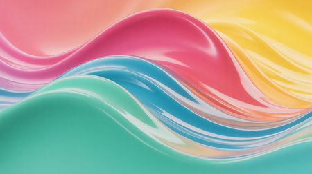 Smooth, glossy waves of pink, blue, yellow, and teal flow across the frame. Highlights reflect off the curved surfaces, creating a sense of depth and movement.の素材