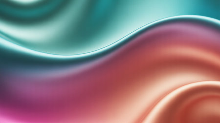 Smooth metallic silk fabric with flowing waves in gradient colors of teal and coral pink. Soft light and shadow create a luxurious, fluid texture.の素材