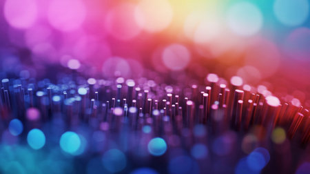 Abstract scene with blurred bokeh lights in rainbow gradient and a foreground of metallic rods.の素材