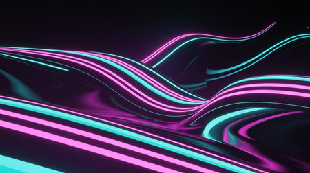 Abstract dark background with flowing wavy lines of bright pink and cyan neon light creating a sense of motion and depth.の素材
