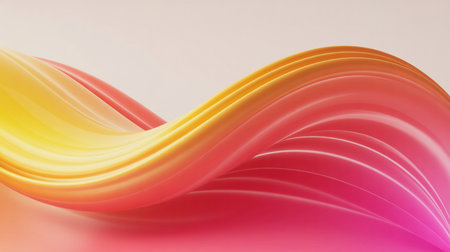 A smooth abstract wave flows across the frame with a gradient of yellow orange and pink colors. The surface is glossy and reflects light.の素材