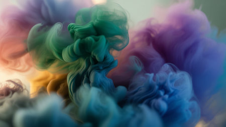 Swirling clouds of vibrant green blue purple and orange ink diffuse in water creating an abstract dynamic and fluid motion effectの素材