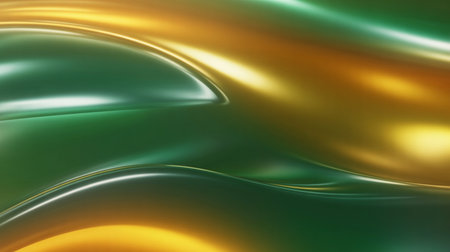 Abstract flowing metallic waves in emerald green and gold. Smooth curves and bright highlights create a sense of depth and motion.の素材