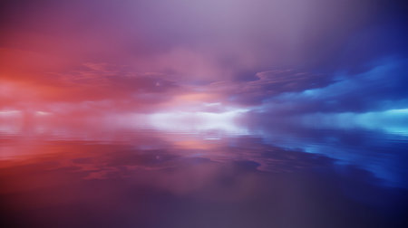 A dramatic sky with red and blue clouds is reflected in calm water. The scene is illuminated by soft twilight light creating a moody and ethereal atmosphere.の素材