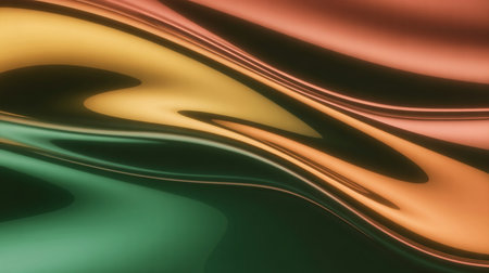 Smooth, swirling waves of metallic liquid in shades of dark green, bright orange, and soft pink create an abstract, flowing background with glossy reflections and soft shadows.の素材