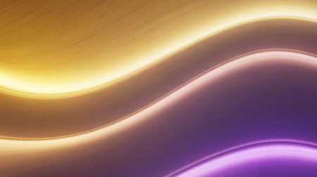Brushed metal texture with flowing waves of golden yellow and deep purple. Thin, bright light streaks highlight the curves.の素材