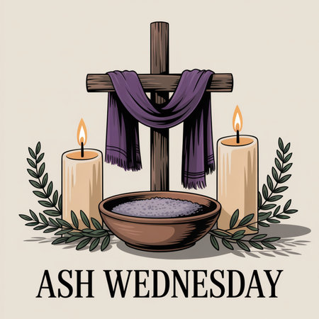 A wooden cross draped with a purple cloth stands centrally with two lit candles on either side. A bowl of grey ashes sits in front of the cross, framed by green leafy branches.の写真素材