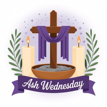 Wooden cross draped with purple cloth, two lit candles, bowl of ashes, and green branches on white background with purple stars.の素材