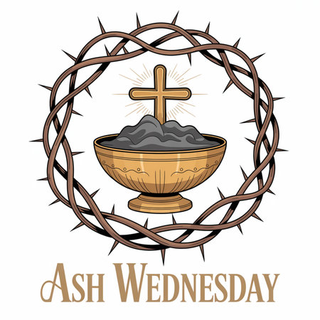 A golden bowl holds dark grey ashes with a golden cross emerging from them. A crown of thorns encircles the bowl and cross. The text Ash Wednesday is below.の素材