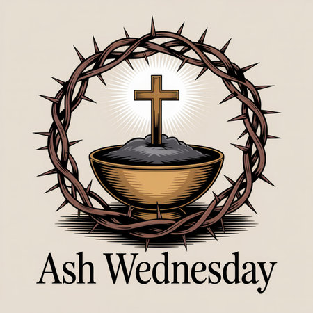 A wooden cross stands in a bowl of dark ashes, encircled by a crown of thorns. Light rays emanate from behind the cross.の素材