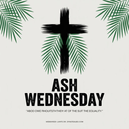 A black brush stroke cross is centered with green palm fronds on either side. The words Ash Wednesday are prominently displayed in bold black text below the cross.の素材