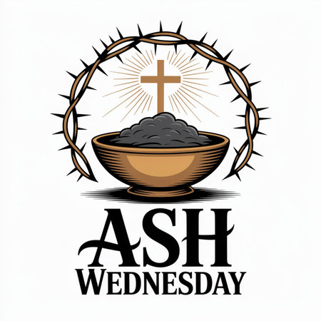 A graphic illustration depicts a golden cross within a radiant halo, topped by a crown of thorns. Below sits a brown bowl filled with dark gray ashes. The words "ASH WEDNESDAY" are displayed in bold black lettering.の素材