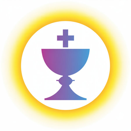 A purple and blue gradient chalice with a cross on top is centered within a white circle. A soft yellow glow surrounds the circle on a white background.の素材