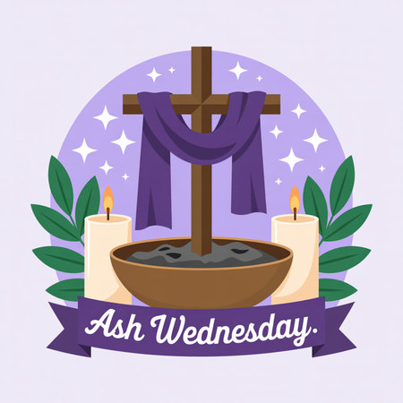 Flat design illustration of Ash Wednesday with a brown wooden cross draped in purple cloth, a bowl of ashes, lit candles, and green leaves against a light purple background with white stars.の素材