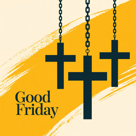 Three dark blue crosses hang from metal chains against a textured yellow brush stroke background. The words Good Friday are written in dark blue text.の素材