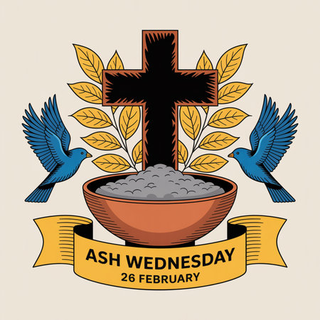 A black cross stands behind a bowl of grey ash, flanked by two blue birds on branches with yellow leaves. A yellow banner below reads "ASH WEDNESDAY 26 FEBRUARY".の素材