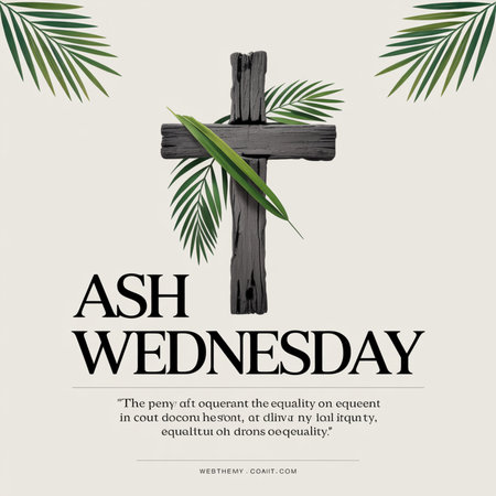 A dark wooden cross is adorned with green palm fronds against a light beige background. The words Ash Wednesday are prominently displayed in black text.の素材