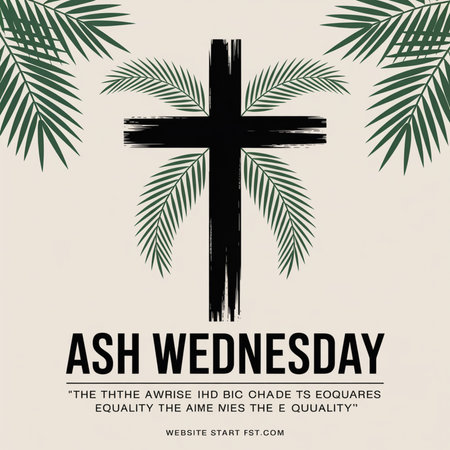 A black brush stroke cross is framed by green palm fronds against a beige background with Ash Wednesday text.の素材