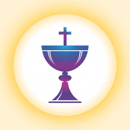 A stylized chalice with a cross on top, rendered in gradient blue and purple, is centered within a soft yellow circular glow.の素材