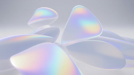 Smooth, rounded abstract shapes with iridescent surfaces reflecting soft pastel rainbow colors. The composition is soft and ethereal with a clean, light background.の素材
