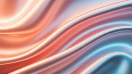 Smooth iridescent fabric with flowing waves of pink orange and blue hues. The material has a soft sheen and appears to be silk or satin.の素材