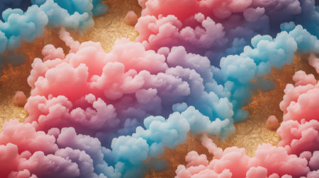 Swirling clouds of pastel pink, blue, and purple float against a textured gold background. The soft, fluffy forms create a dreamy, ethereal atmosphere.の素材