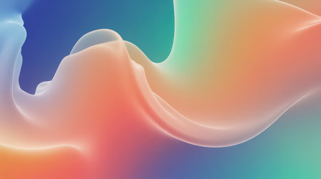 Soft translucent waves in pastel shades of pink orange yellow and blue flow across a gradient background of deep blue and teal.の素材