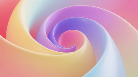 A soft pastel abstract swirl with smooth, flowing curves in shades of pink, yellow, purple, and blue. The gradient colors blend seamlessly creating a gentle, ethereal visual.の素材