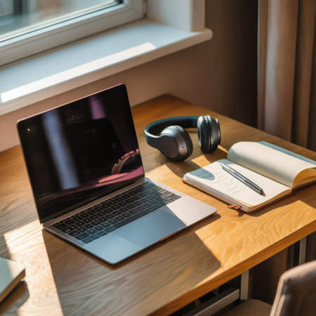 A laptop, black headphones, open notebook with pen and sunlight streaming through a window onto a wooden desk.の素材
