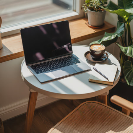 A silver laptop, a dark brown coffee cup with latte art, and a notebook with a pen rest on a white round table. Sunlight streams through a window, casting striped shadows across the scene. Lush green plants are visible in the background, and a woven chair is in the foreground.の素材