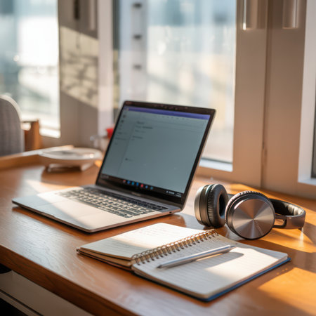 A silver laptop, black headphones, and an open notebook with a pen rest on a warm wooden desk. Sunlight streams in from a window, casting shadows and illuminating the scene.の素材