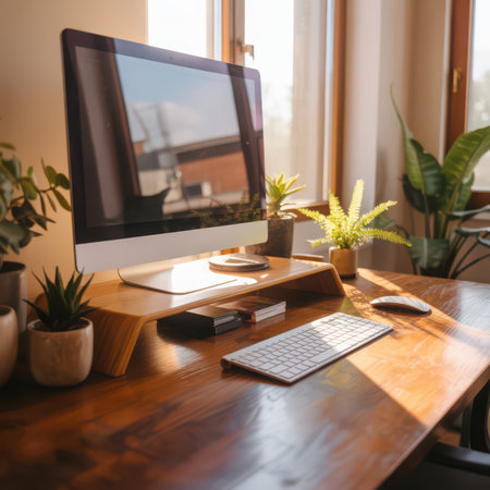 A wooden desk with a computer monitor on a wooden stand, keyboard, and mouse. Potted plants are placed around the desk, illuminated by warm sunlight streaming through a window.の素材
