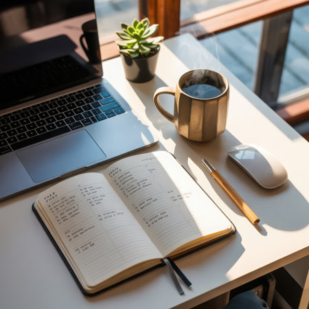 Open planner with handwritten notes sits beside a laptop, mouse, pen, and a steaming coffee mug on a sunlit desk. A small green succulent adds a touch of nature to the scene.の素材