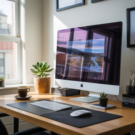 A bright iMac computer sits on a wooden desk with a keyboard, mouse, coffee cup, and two potted plants. Sunlight streams in from a window.の素材