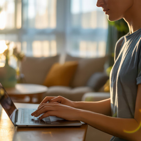 Woman's hands typing on a silver laptop on a wooden desk. Soft sunlight streams from a window, illuminating the scene and a blurred living room with a couch and pillows.の素材