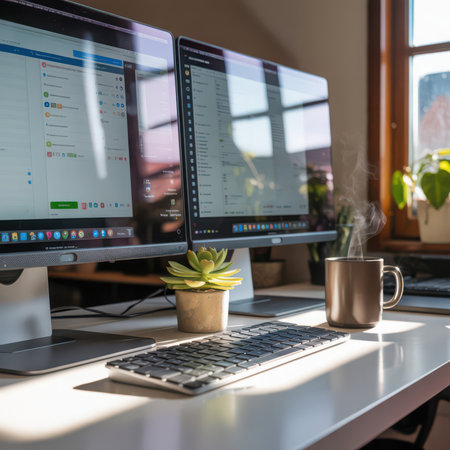 Two computer monitors display lists of data. A metallic mug with steam rising sits next to a small potted succulent plant on a white desk. Sunlight streams in from a window.の素材