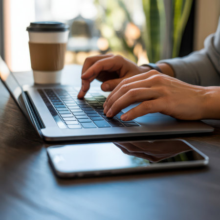Hands typing on a silver laptop keyboard with a white and brown coffee cup and a smartphone on a dark wooden table. Blurred green foliage in the background.の素材