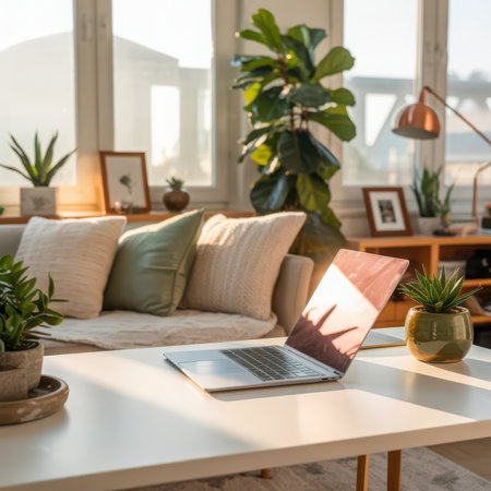 A laptop sits open on a white table in a sunlit room. A couch with green and cream pillows is visible behind the table, along with several potted plants and a large fiddle leaf fig.の素材