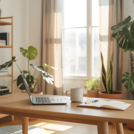 A wooden desk with a laptop, a speckled coffee mug emitting steam, and an open notebook with a pen. Lush green indoor plants surround the desk, with sunlight streaming through a window and sheer curtains.の素材