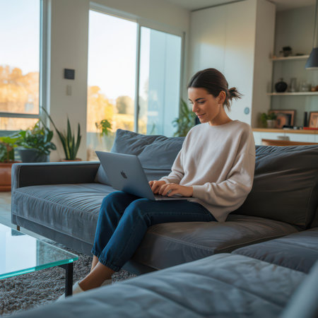 A young woman with dark hair tied back sits on a plush gray sofa, typing on a silver laptop. She wears a light beige sweater and blue jeans. Large windows behind her reveal a blurred view of trees and sky.の素材
