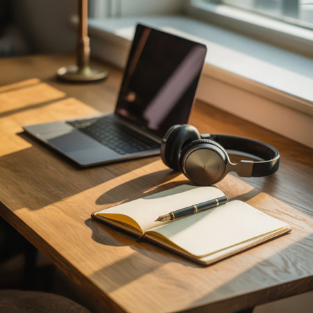 An open notebook with a fountain pen rests on a wooden desk beside a laptop and black headphones. Sunlight streams through a window, casting long shadows across the warm-toned wood.の素材