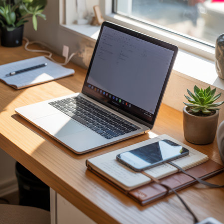 A silver laptop and smartphone rest on a wooden desk next to a potted succulent plant. Sunlight streams through a window, casting shadows on the surface.の素材