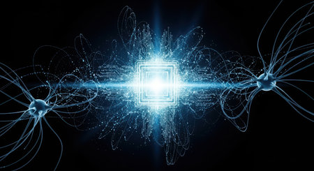 A central glowing blue microchip emits light and intricate digital pathways. Two abstract neural network structures with tendrils are positioned on either side, connected by swirling blue light and particles.の素材