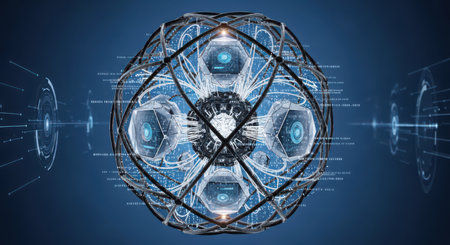 A complex, futuristic sphere with glowing blue hexagonal modules and intricate wiring against a deep blue background with digital data streams.の素材