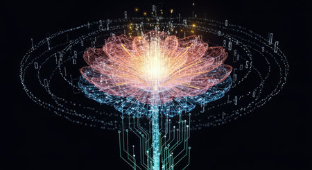 A luminous abstract digital flower with wireframe petals in pink and blue hues glows against a black background. Streams of binary code and circuit board patterns emanate from its base and surround it in a circular motion.の素材