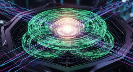 Abstract digital art featuring concentric glowing green rings with data patterns surrounding a luminous, brain-like core. Purple and blue light streams flow around dark, geometric structures.の素材