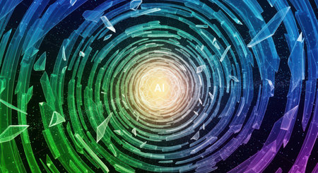 A digital vortex of concentric rings in blue green and purple hues surrounds a glowing yellow center with the letters AI. Shattered glass shards float around the swirling structure against a dark background with small white particles.の素材