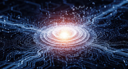 A bright orange and white light emanates from a swirling vortex of blue digital energy and intricate circuit board patterns.の素材