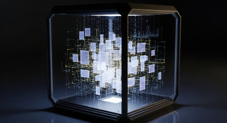 A transparent cube contains a glowing digital network of white squares connected by yellow lines against a dark background.の素材